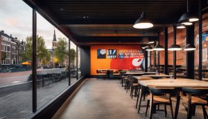 De buitenkant van 100% Voetbal Amsterdam heeft een strak, modern ontwerp met dynamische stadsgezichten aan de muren.