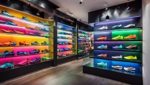 Een moderne sportwinkel toont een scala aan kleurrijke voetbalschoenen en trendy sportkleding.