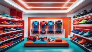 Een paar voetbalschoenen en uitrusting uitgestald in een sportwinkel.