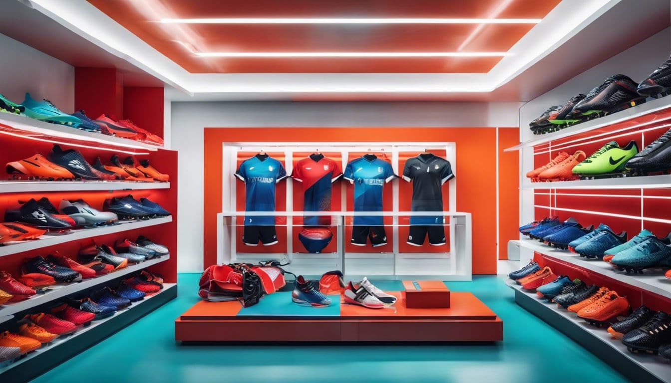 Een paar voetbalschoenen en uitrusting uitgestald in een sportwinkel.