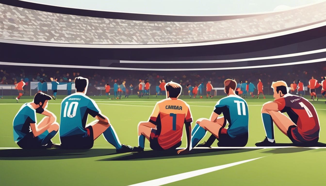 Een groep voetbalspelers bespreekt de nieuwe wisselregel op de reservebank.