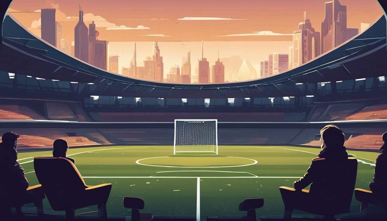 Een verlaten stadion met een voetbal in het midden.