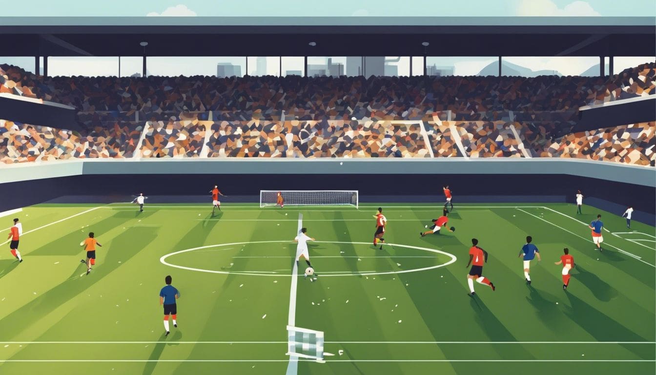 Een 8 tegen 8 voetbalwedstrijd met dynamische energie en juichend publiek.