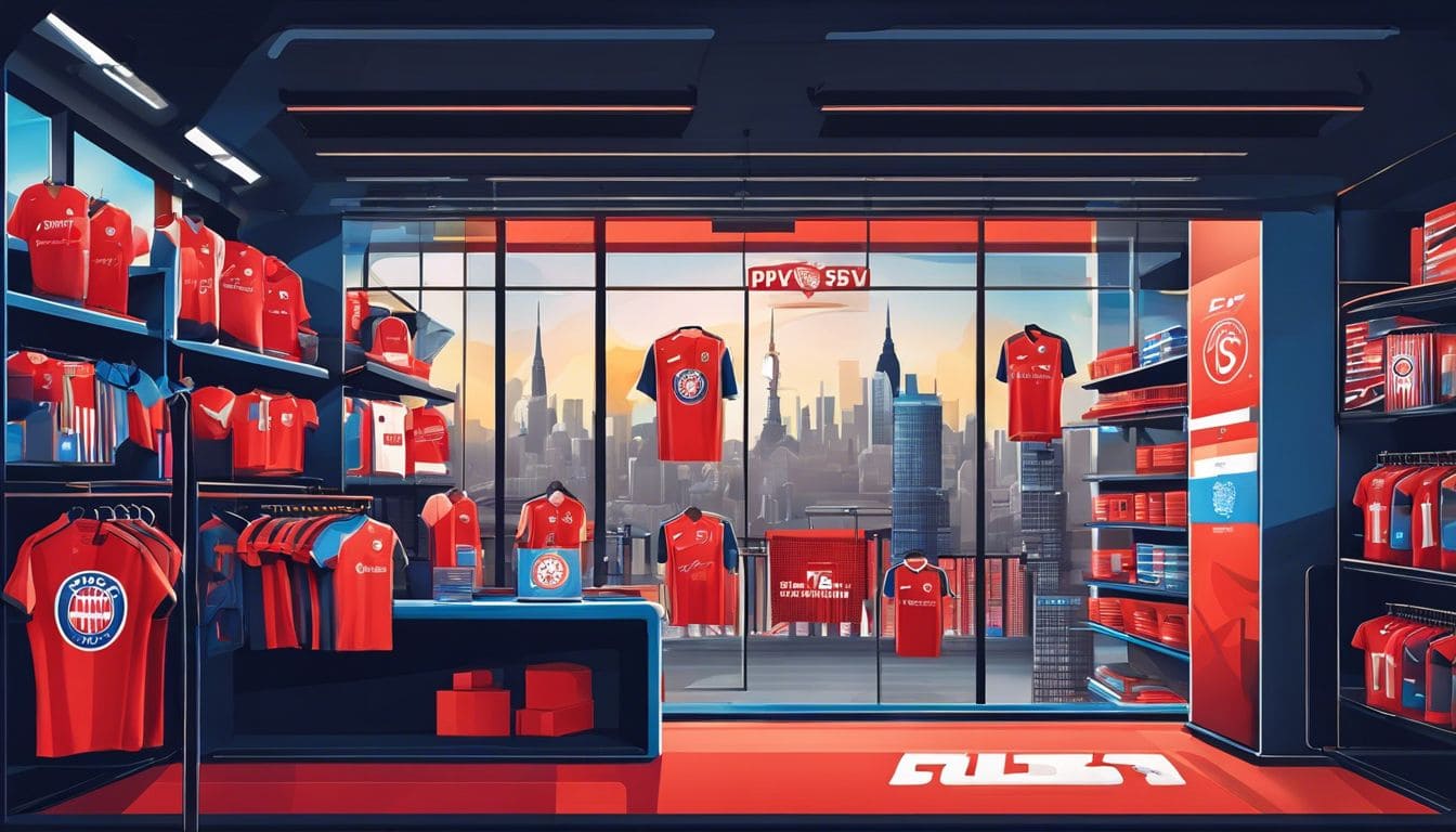 De PSV-fan in de fanwinkel, omringd door merchandise en levendige sfeer.