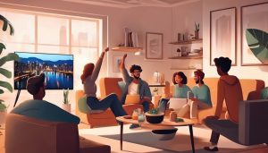 Een groep vrienden juicht voor een grote tv in een gezellige woonkamer.