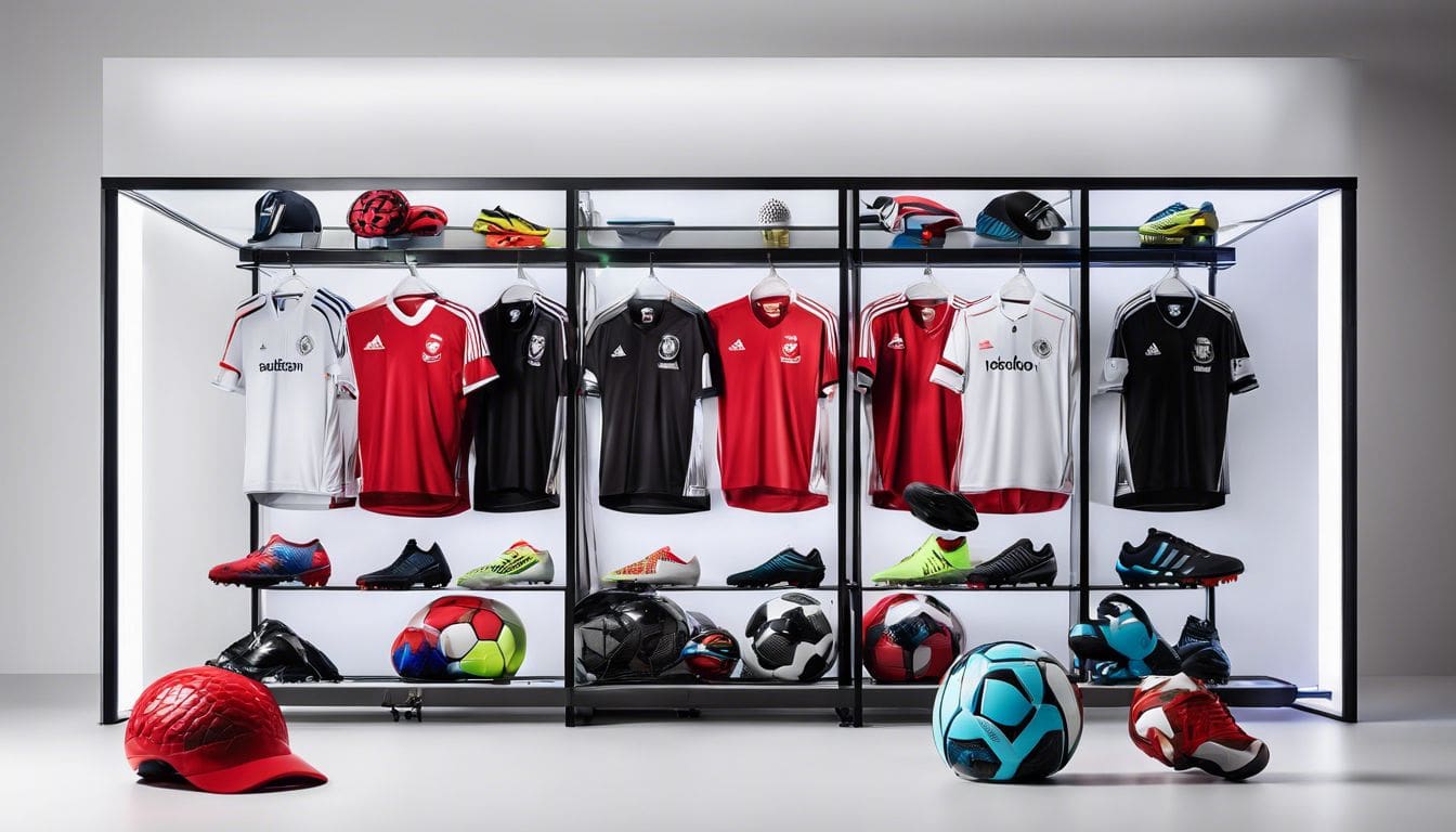 Een selectie van hoogwaardige voetbaluitrusting gepresenteerd in een eigentijdse sportwinkel.