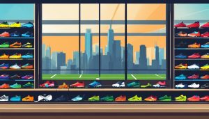 Een rij kleurrijke voetbalschoenen in een moderne sportwinkel met stadsgezicht.