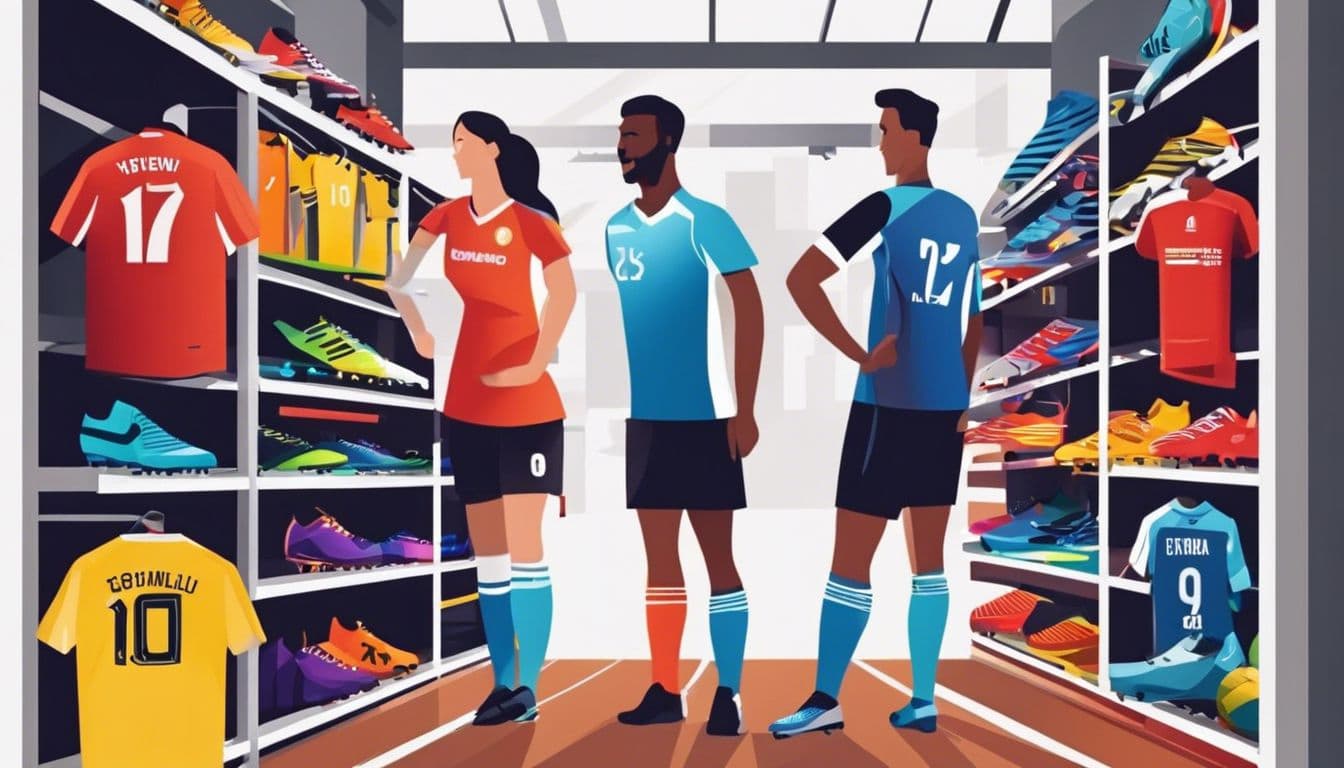 Een groep voetballers past enthousiast nieuwe schoenen en tenues in een sportwinkel.