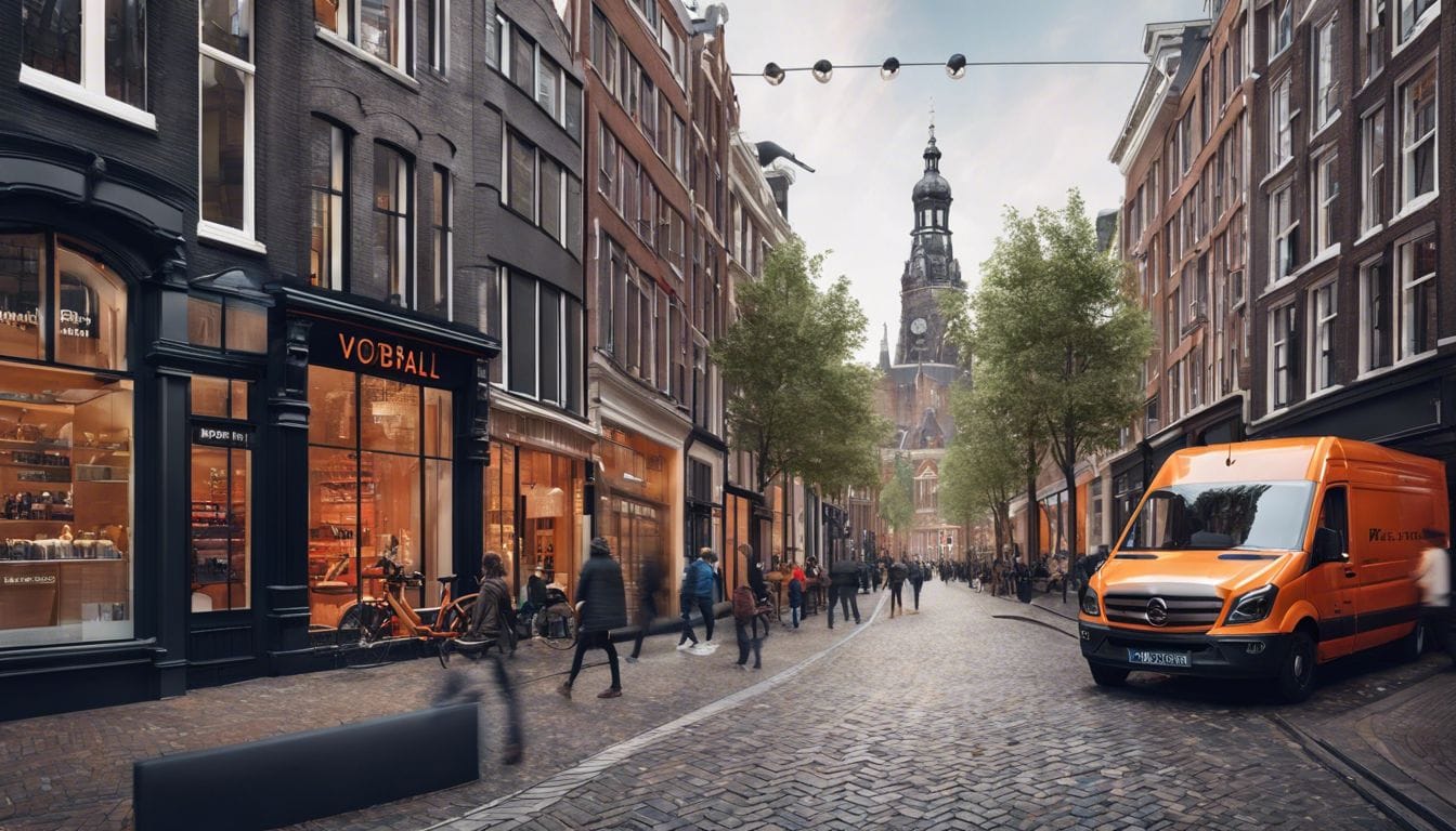 Een levendige stad met hoge gebouwen en druk verkeer, met nadruk op de unieke architectuur en branding van de Voetbalshop Amsterdam winkel.