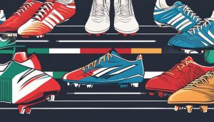 Tentoonstelling van voetbalschoenen en shirts op een voetbalveld.