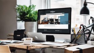 Een open laptop met Voetbalshop website op een druk kantoor.