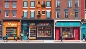 De buitenkant van een Voetbalshop nl-winkel in het stadscentrum met levendige etalages.