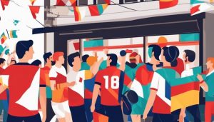 Een groep voetbalfans viert buiten Voetbalshop Maastricht, met drukke straten op de achtergrond.