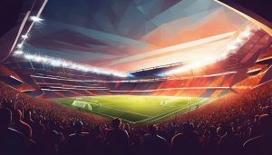 Een vol voetbalstadion gevuld met fans, met de stad op de achtergrond.