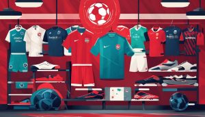 Een tentoonstelling van hoogwaardige voetbaluitrusting in een moderne sportwinkel.