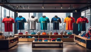 Een moderne sportwinkel met kleurrijke voetbalshirts en accessoires.
