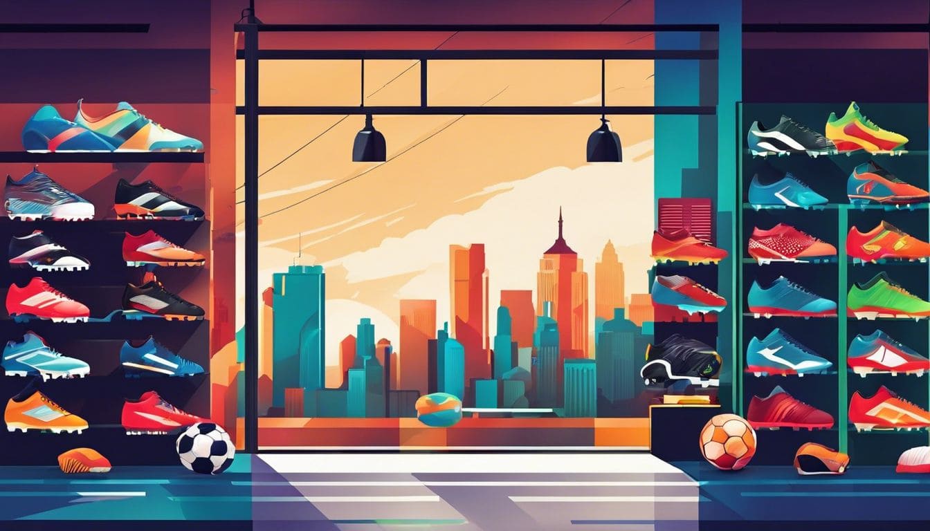 Een levendige weergave van kleurrijke en stijlvolle voetbalschoenen en uitrusting in een lokale sportwinkel, met een stadsgezicht door het raam, die de verscheidenheid aan ontwerpen en texturen laat zien in een drukke winkelomgeving.