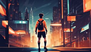 Een jonge voetballer loopt zelfverzekerd naar het veld in de stad.