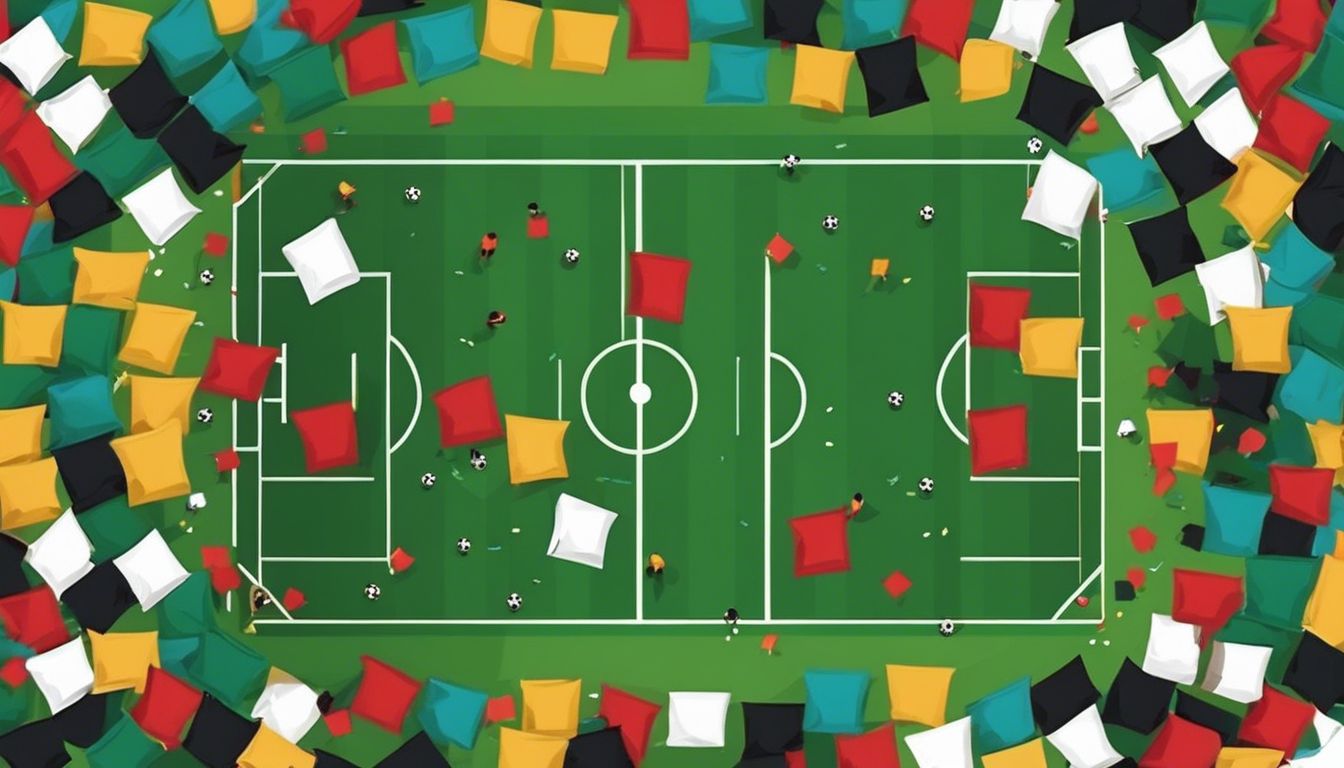 Een leeg voetbalveld met verspreide voetbalshirtjes in platte designstijl.