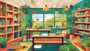 Een kleurrijke en levendige klas vol educatieve materialen, planten en interactieve leermiddelen.