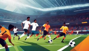 Een groep voetbalspelers in actie, met de nieuwste uitrusting en een levendige energie.