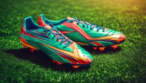 Een paar heldere, hoogwaardige voetbalschoenen op een levendig voetbalveld.