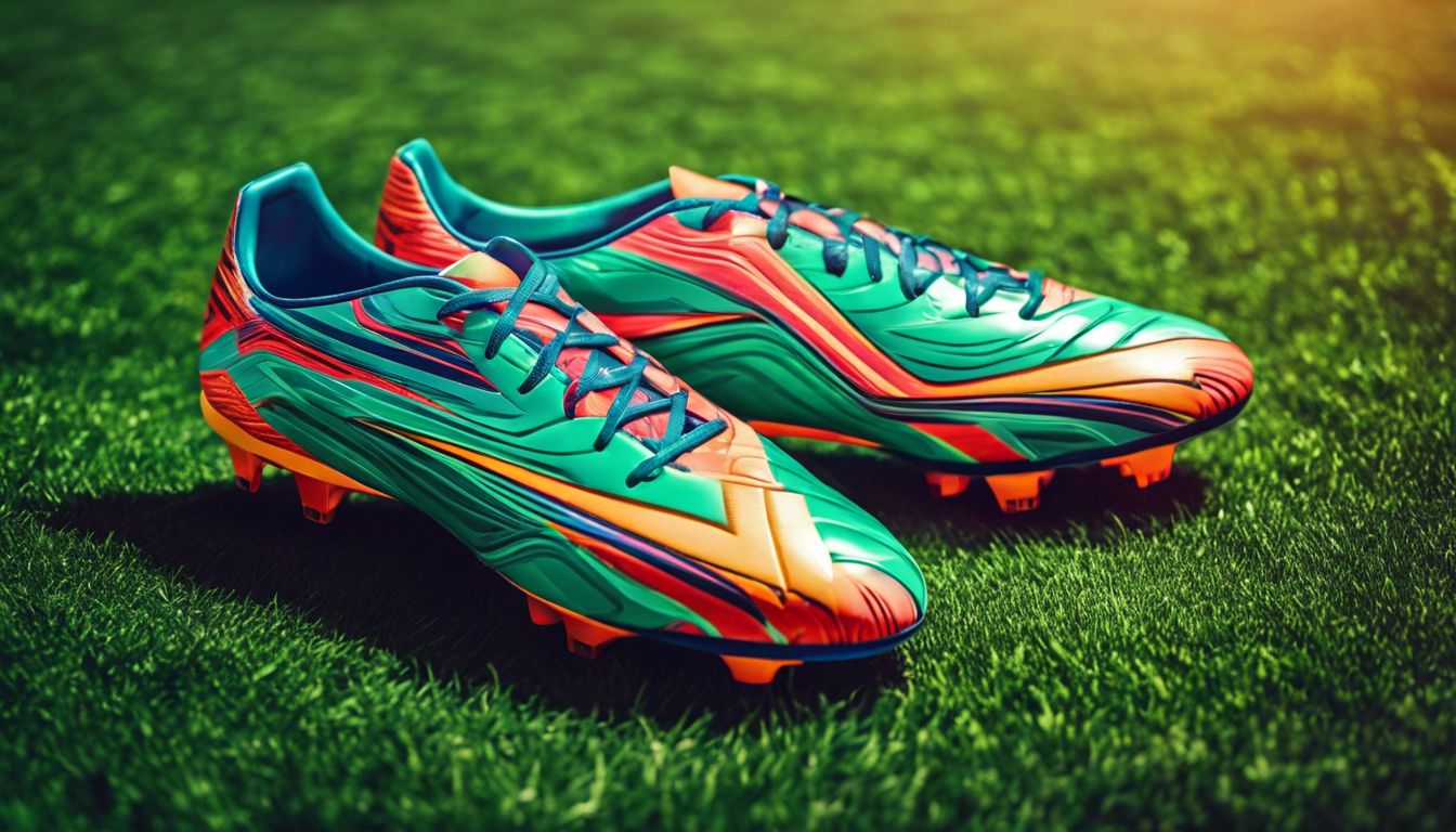 Een paar heldere, hoogwaardige voetbalschoenen op een levendig voetbalveld.