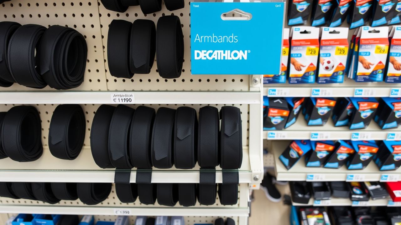 Een goed georganiseerde displayplank met zwarte aanvoerdersbanden voor voetbal.