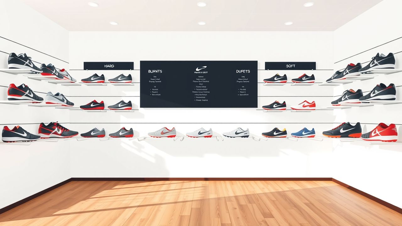 Een goed georganiseerde showroom met rugby schoenopties van topmerken.